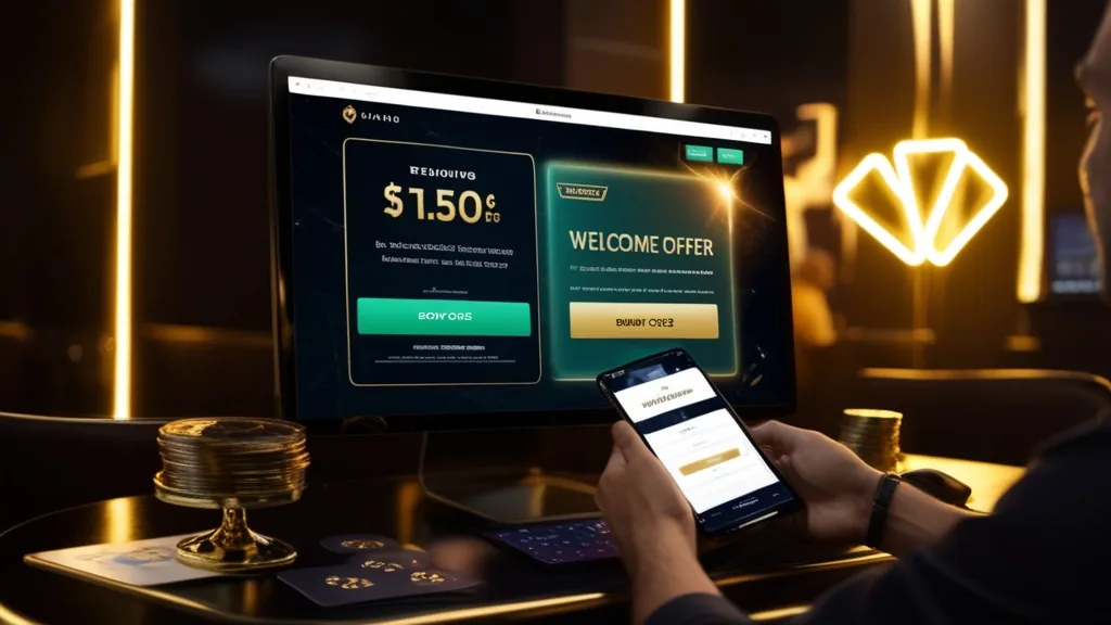 Jogador a analisar um código promocional e um ecrã de bónus num ambiente de casino