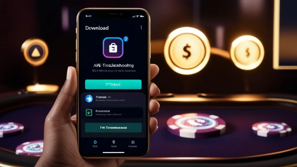 Telemóvel com aviso de erro no APK e ambiente de casino escuro