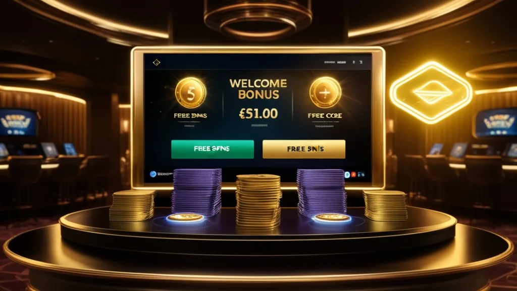 Promoção de boas-vindas com cartões de bónus e ícones de rodadas grátis num casino