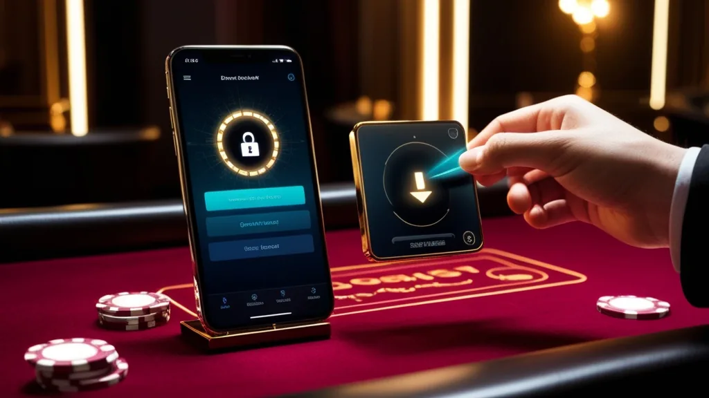 Telemóvel com ecrã de download seguro num ambiente de casino escuro