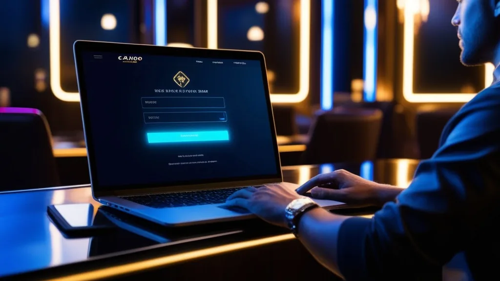 Tela de login em um laptop em ambiente de cassino escuro e moderno